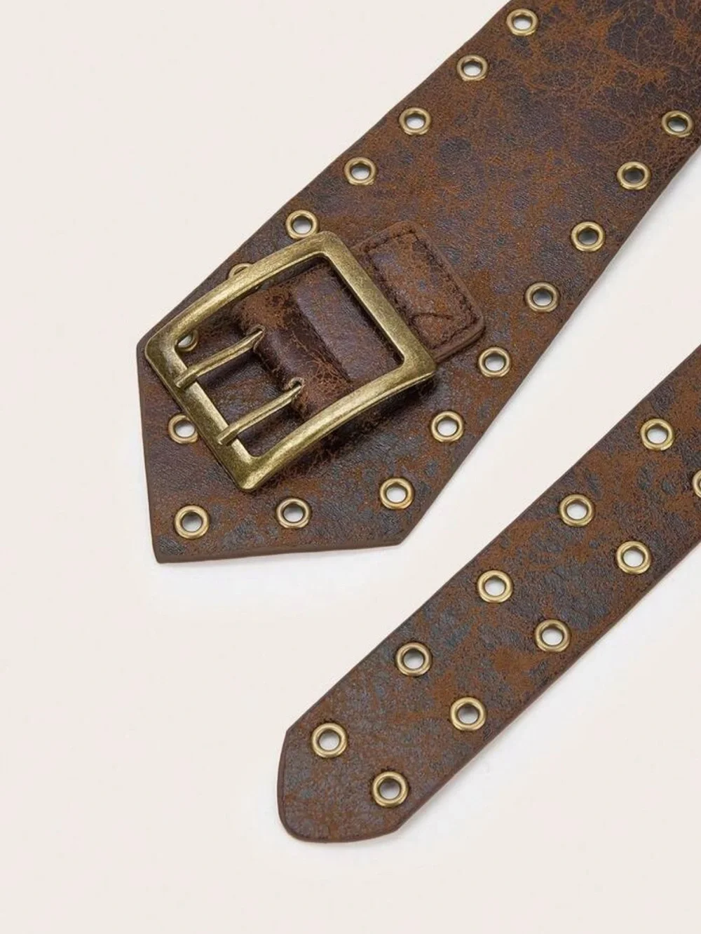 Brown Studded Wide Leather Belt with Antique Gold Buckle